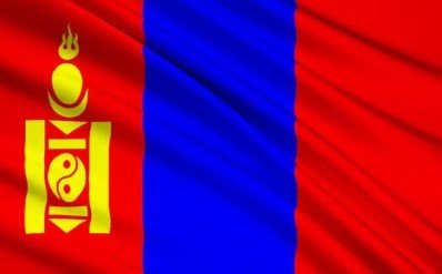 Flag of Mongolia with red and blue vertical stripes and yellow Soyombo symbol.