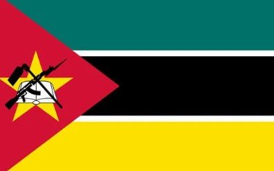 Flag of Mozambique with green, black, and yellow stripes and red triangle with star and rifle.