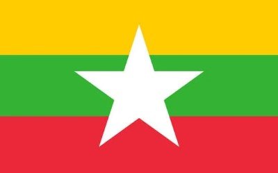 Flag of Myanmar with yellow, green, and red stripes and white star in center.
