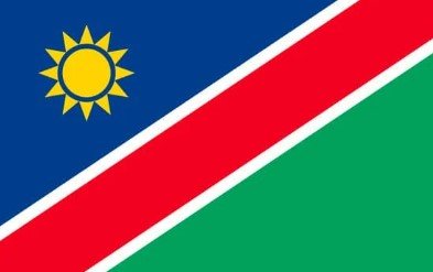 Flag of Namibia with blue, red, and green diagonal stripes and yellow sun.