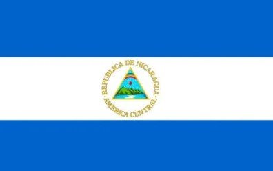 Flag of Nicaragua with blue and white stripes and national coat of arms.