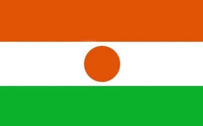 Flag of Niger with orange, white, and green stripes and orange circle in center.