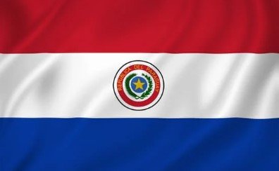 Flag of Paraguay with red, white, and blue horizontal stripes and national emblem.