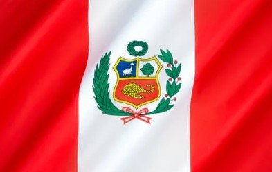 Flag of Peru with red and white vertical stripes and national coat of arms.