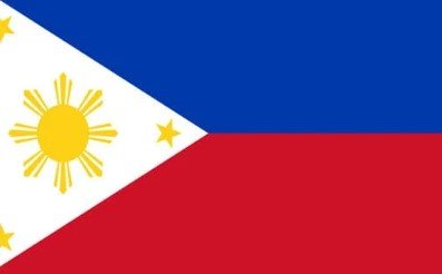 Flag of the Philippines with blue and red stripes and white triangle with yellow sun and stars.