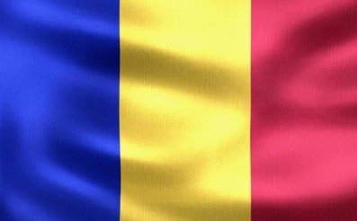 Flag of Romania with blue, yellow, and red vertical stripes.