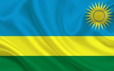 Flag of Rwanda with blue, yellow, and green horizontal stripes and yellow sun.