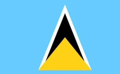 Flag of Saint Lucia with blue background and black, white, and yellow triangles.