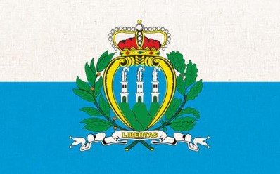 Flag of San Marino with white and light blue stripes and national coat of arms.