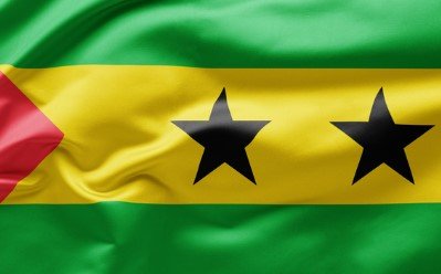 Flag of São Tomé and Príncipe with green, yellow, and red stripes and two black stars.