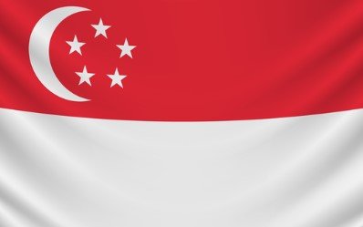 Flag of Singapore with red and white halves and white crescent and stars.