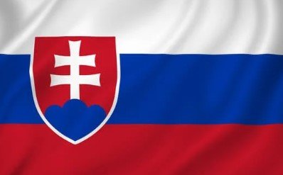 Flag of Slovakia with white, blue, and red stripes and national emblem.