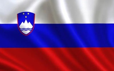 Flag of Slovenia with white, blue, and red horizontal stripes and coat of arms.