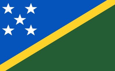 Flag of Solomon Islands with blue and green triangles divided by yellow stripe and five white stars.