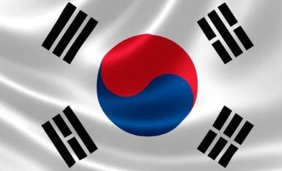 Flag of South Korea with white background, red and blue yin-yang, and black trigrams.