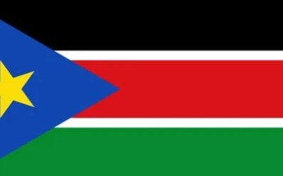Flag of South Sudan with black, red, and green stripes, blue triangle, and yellow star.