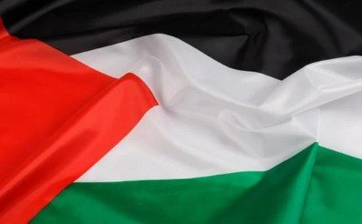 Flag of Sudan with red, white, and black stripes and green triangle.