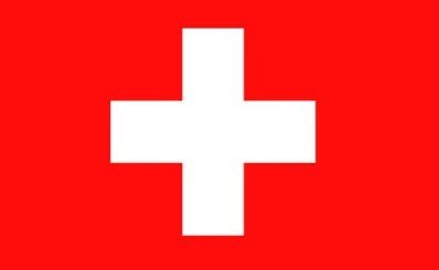 Flag of Switzerland with white cross on red square background.