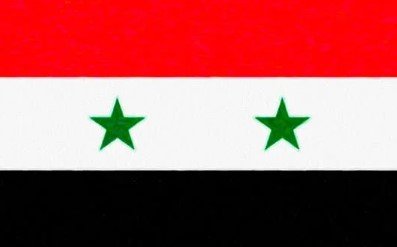 Flag of Syria with red, white, and black stripes and two green stars.