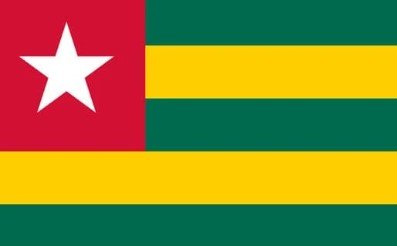 Flag of Togo with green and yellow stripes and red square with white star.