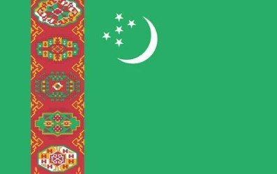 Flag of Turkmenistan with green background, white crescent, and red carpet pattern.