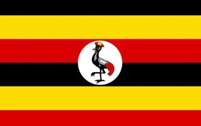 Flag of Uganda with black, yellow, and red stripes and grey crowned crane emblem.