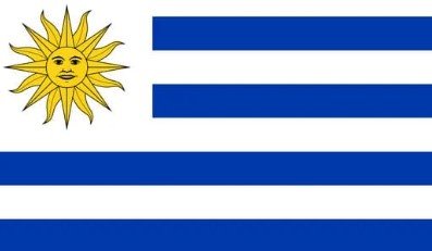 Flag of Uruguay with white and blue stripes and sun emblem.