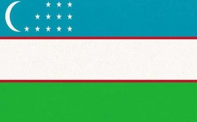 Flag of Uzbekistan with blue, white, and green horizontal stripes and crescent and stars.