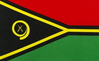 Flag of Vanuatu with red, green, and black design and yellow borders.