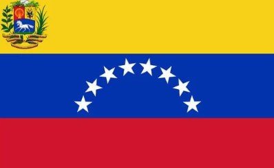 Flag of Venezuela with yellow, blue, and red horizontal stripes and white stars.