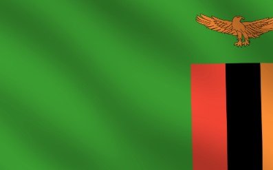 Flag of Zambia with green field, orange eagle, and red, black, and orange stripes.