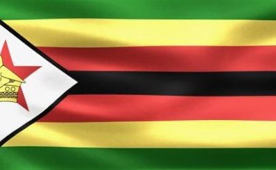 Flag of Zimbabwe with green, yellow, red, and black stripes and white triangle with red star and bird.