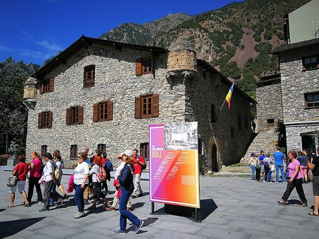 Andorra la Vella city center with mountains in the background.