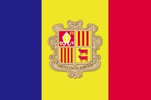 Andorra flag, representing this tiny mountain nation in Europe.