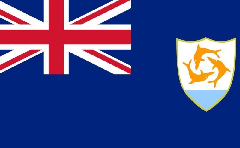 Flag of Anguilla showing the Union Jack and a shield with three orange dolphins.