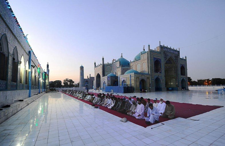 The Blue Mosque in Mazar-i-Sharif, Afghanistan covered in turquoise tiles.