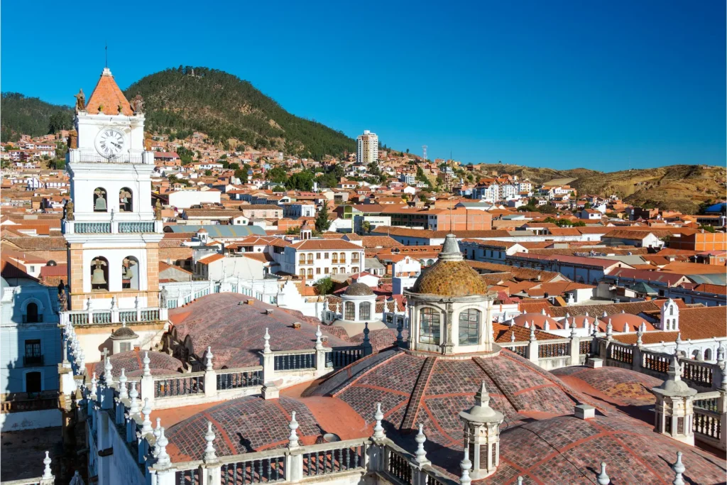Red-roofed colonial buildings in Sucre, Bolivia.