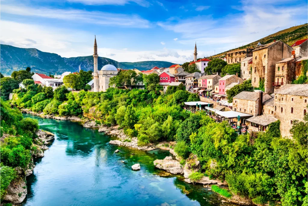 Beautiful view of Mostar and the Neretva River in Bosnia and Herzegovina.