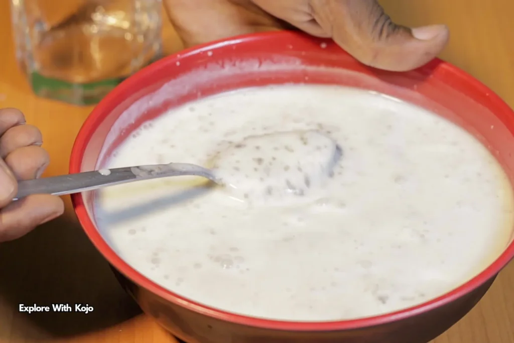 A bowl of chilled Burkina drink made from millet and milk in Ghana