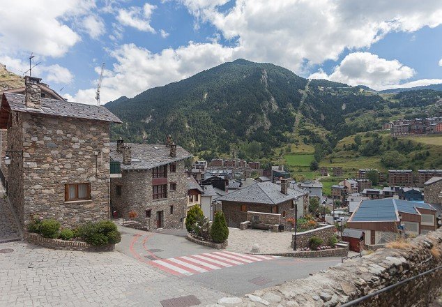 Canillo village in Andorra with mountain scenery and Tibetan Bridge.