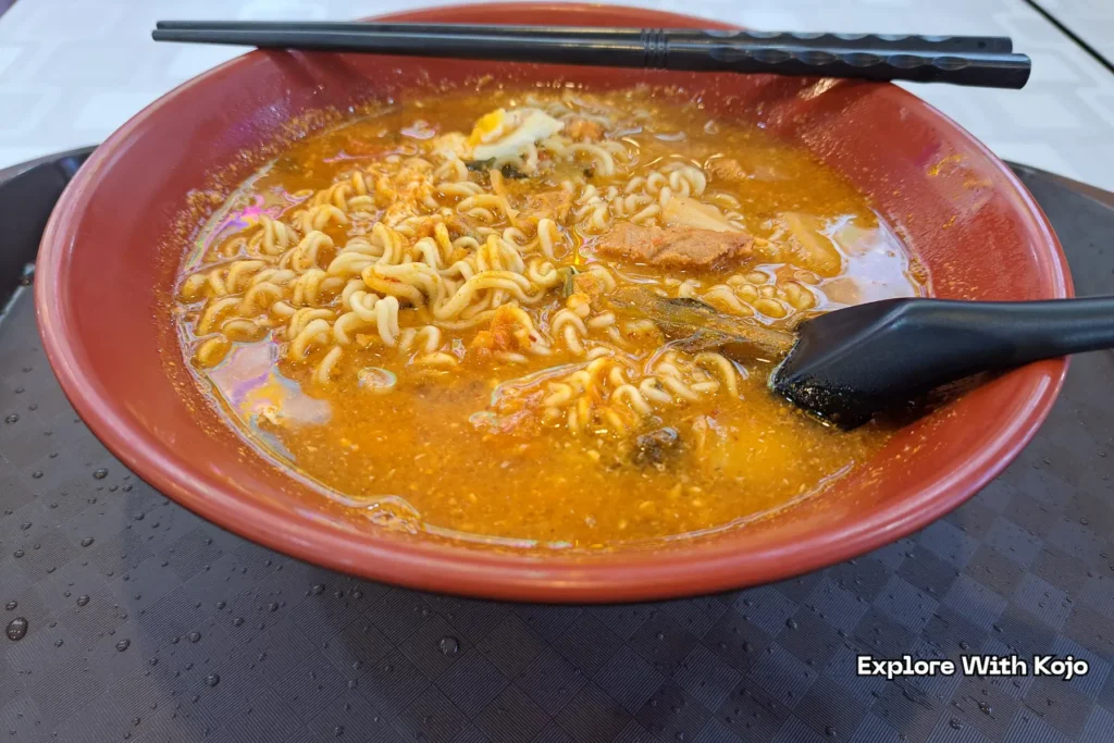 Chicken kimchi ramen served at Lucky Plaza food court Singapore