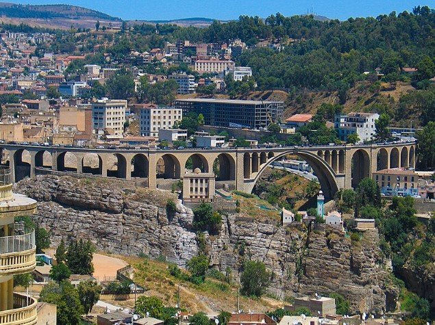 Constantine city in Algeria with high suspension bridges over cliffs. 