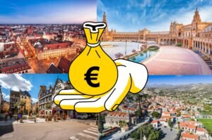 Collage of European cities with a euro symbol illustration, representing countries that use the euro currency.