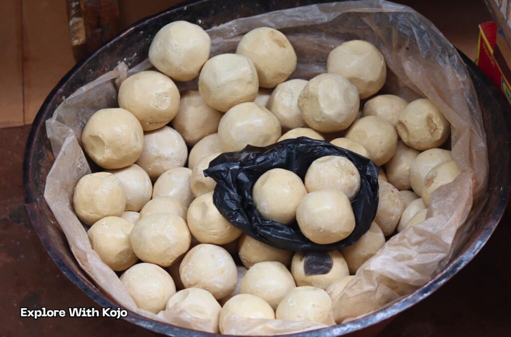 Dagomba ‘Tolon Banku’ white soap balls displayed in a bowl at a Tamale market, Northern Ghana.