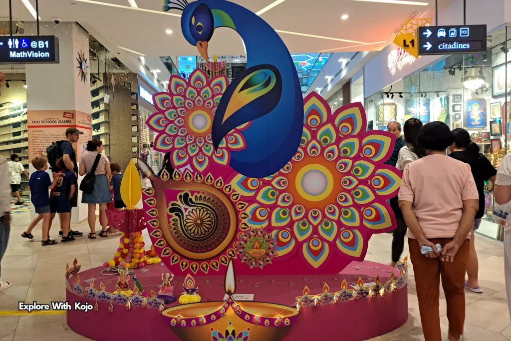 Colorful peacock Diwali decoration inside Mustafa Centre Singapore
