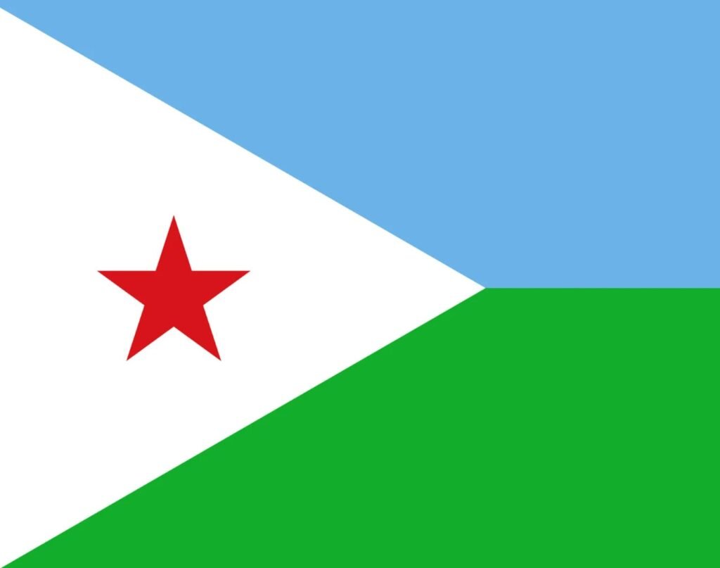 National flag of Djibouti featuring light blue, green, white, and a red star.