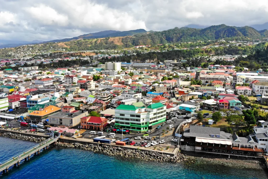 Aerial view of Roseau, Dominica’s colorful coastal town.