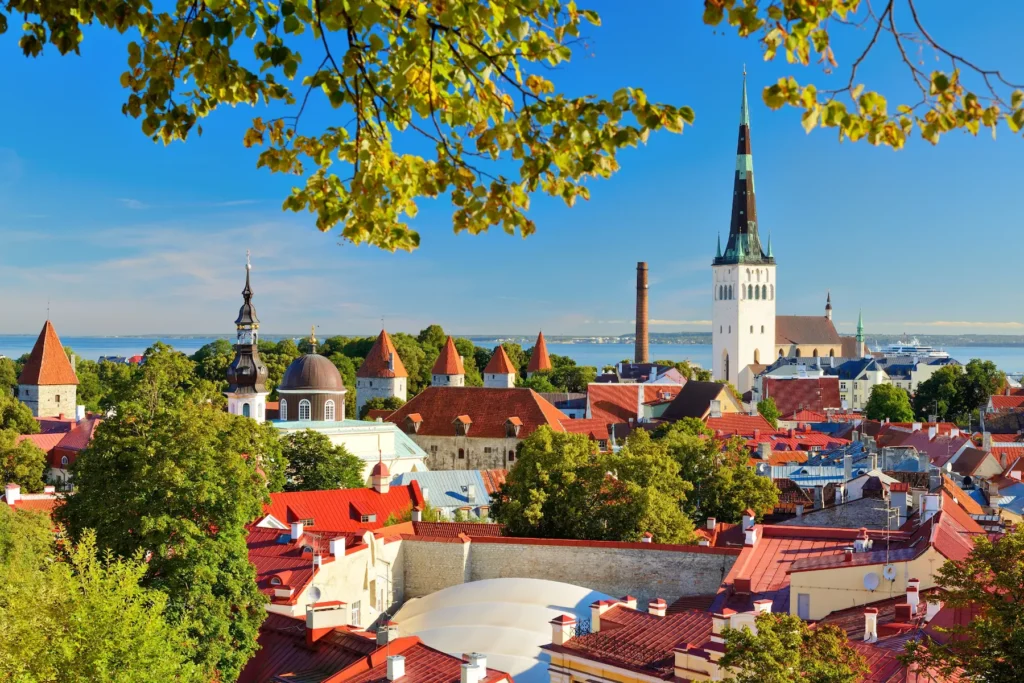 Aerial view of Tallinn’s old town with red rooftops and clean streets in Estonia