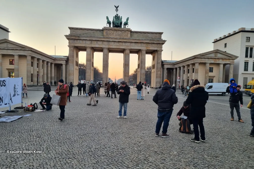 Tourists gathered at the Brandenburg Gate in Berlin, Germany, a Eurozone country.