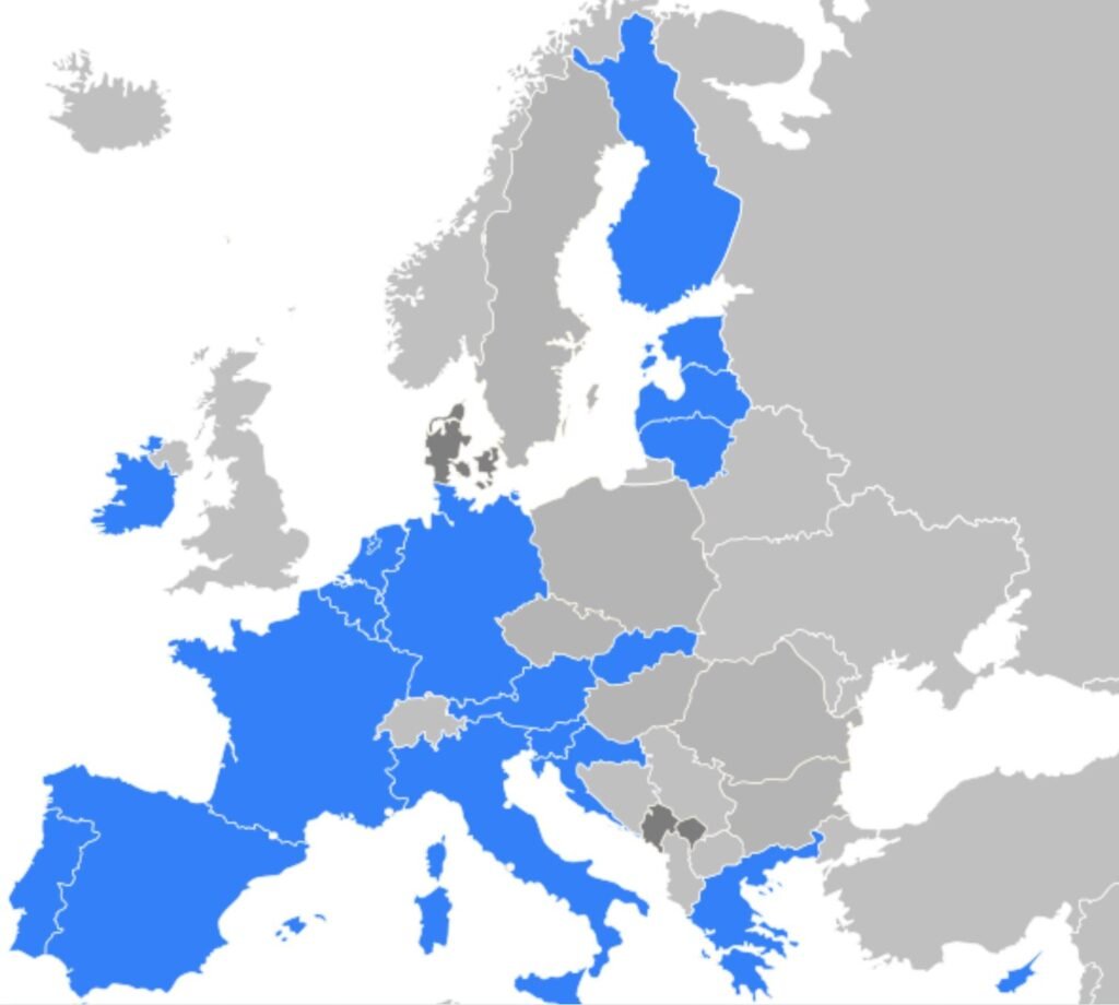 Map of Europe highlighting the Eurozone countries in blue, showing where the euro is the official currency